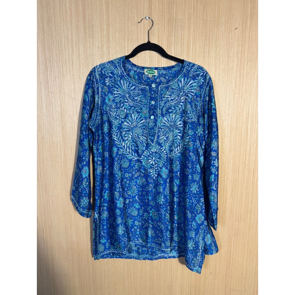 Dolma Women Blue Floral Paisley Silk? Embroidered Kurta Tunic Top Size M